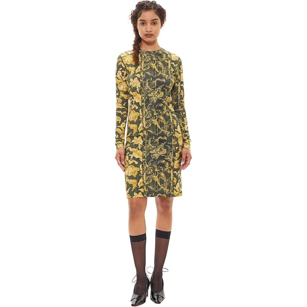 Gary Graham 422 Dark Green w/Yellow Floral Toiele Cotton Shift Dress size Large